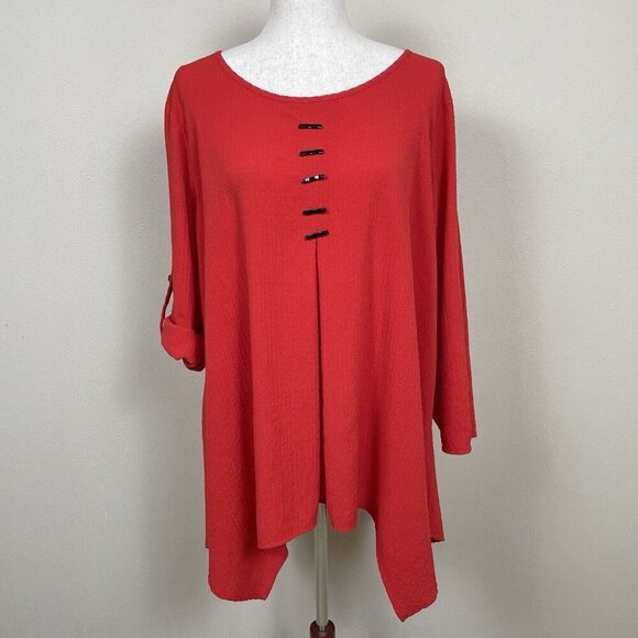 Ali Miles Tunic Top Women 1X Asymmetrical Artsy Crinkle Textured Long Sleeve Red - Picture 3 of 16